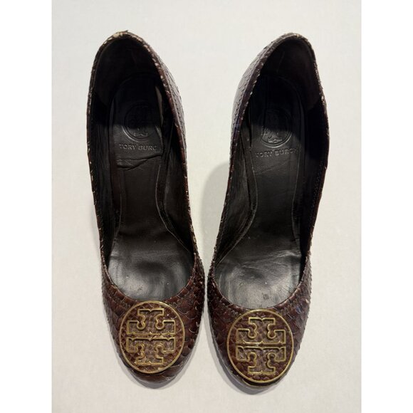 Tory Burch Sophie Wedge Chocolate Brown Leather Snakeskin Wedges Women's 7.5 - Picture 3 of 12